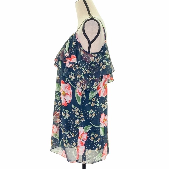 CABI Navy Blue Pink Floral Cold-Shoulder Ruffled Fairy Tale Chiffon Blouse - Picture 3 of 12
